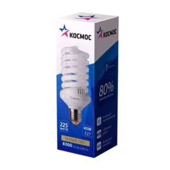 Лампа люминесцентная "КОСМОС" SPC, Т3, E27, 45 Вт, 4000 К, 3080 Лм, спиральная