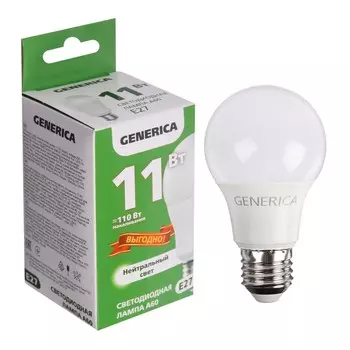 Лампа светодиодная GENERICA A60, 11 Вт, груша, 4000 К, E27, 230 В, промо, LL-A60-11-230-40-E27-G