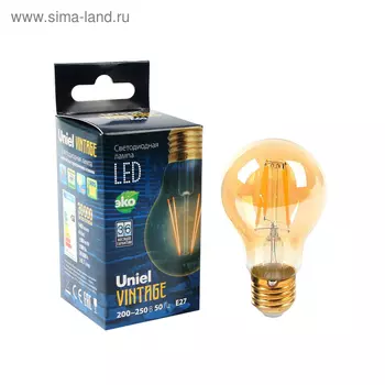 Лампа светодиодная Uniel Vintage, A60, А, E27, 6 Вт, 230 В, золотистая колба