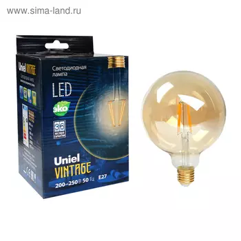 Лампа светодиодная Uniel Vintage, G125, 8 Вт, E27, 230 В, шар, золотистая колба