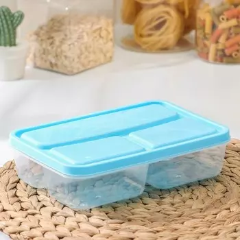 Ланч-бокс для еды, 3 отделения, 200/200/400 мл, 2114.55.5 см, пластик, прямоугольный, голубой