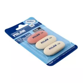 Ластик MILAN «124» синтетика, овальный, 49x23x9 мм, набор 3 шт., в блистере