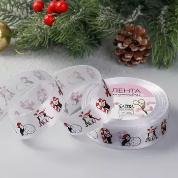 Лента атласная «Пингвины», 25 мм, 23±1 м, белая, красная, чёрный
