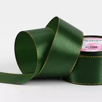 Лента атласная, с золотым люрексом, 40 мм, 23±1 м, зелёная №49
