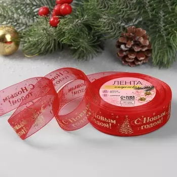 Лента капроновая с тиснением «С Новым годом», 25 мм 23 ± 1 м, цвет красный/золотой №026