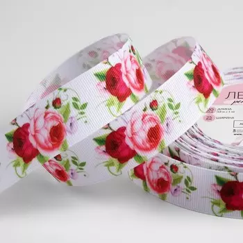 Лента репсовая «Пионы», 25 мм, 18±1 м, разноцветная