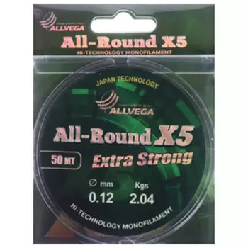 Леска монофильная ALLVEGA All-Round X5, диаметр 0.12 мм, тест 2.04 кг, 50 м, прозрачная
