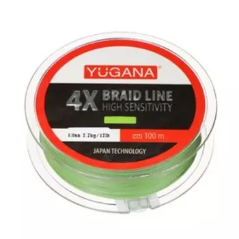 Леска плетеная YUGANA X4 PE, диаметр 0.1 мм, 7.7 кг, 100 м, зелёная