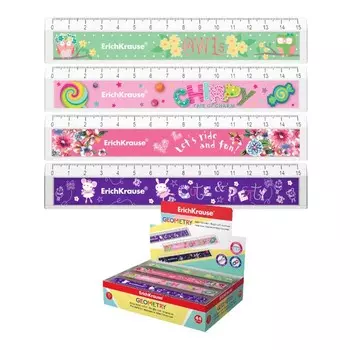 Линейка 15 см, ErichKrause, с выемкой, с дизайном, 4 вида, в дисплее, МИКС