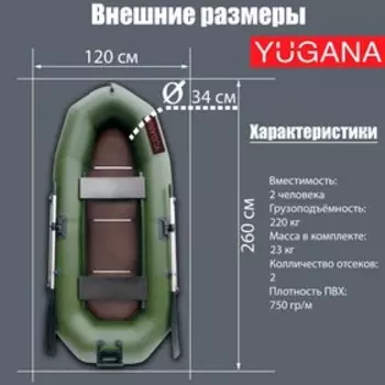 Лодка YUGANA R-260 СТР, слань+транец, цвет олива