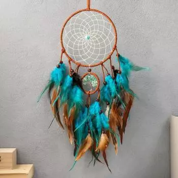 Ловец снов 2 кольца "Индейский" корица с голубым d=7 см, d=16 см 60х16 см