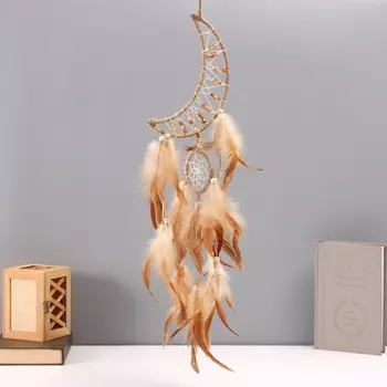 Ловец снов "Месяц" бежевый с кольцом и перьями 16х55 см