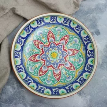 Ляган круглый Риштанская Керамика, 41см, белый с синим, красно-жёлто-зелёный узор