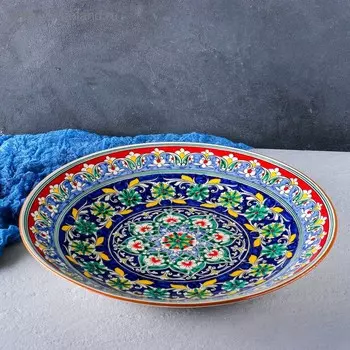 Ляган круглый Риштанская Керамика, 41см, кайма красная, орнамент