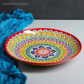 Ляган узбекский Риштанская керамика "Узоры" для плова, 32 см, красный