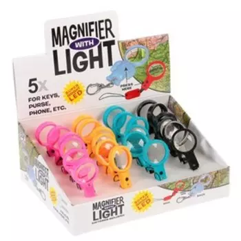 Лупа-брелок, 5х, d=2см, с фонариком, шоубокс