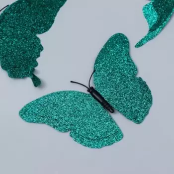 Магнит пластик "Бабочки двойные крылья - блеск" морской зелёный набор 12 шт