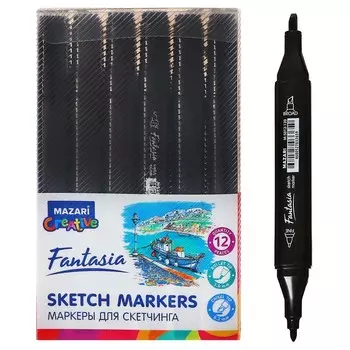 Маркер художественный двусторонний Mazari "FANTASIA" black, пишущие узлы 3,0 - 6,2 мм