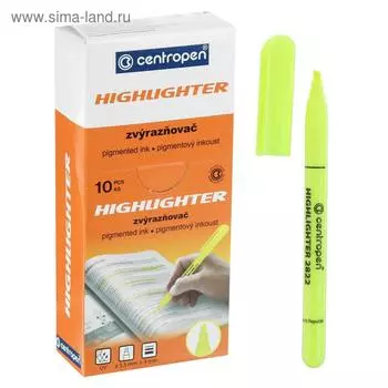 Маркер текстовыделитель, Centropen 2822, 3.0 мм диаметр, 1.8 мм линия письма, флуоресцентный, желтый