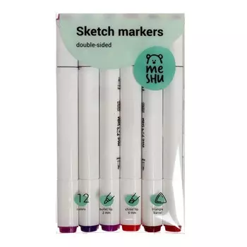 Маркеры для скетчинга двусторонние MESHU, 12 цветов (ягодные цвета)