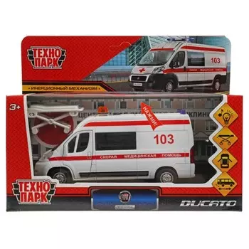 Машина металлическая Fiat Ducato «Скорая», инерционная, 14 см, открываются двери, с тележкой, свет, звук, цвет белый