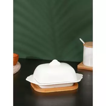 Маслёнка BellaTenero, 320 мл, на бамбуковой подставке, фарфор, белая