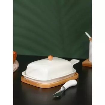 Маслёнка BellaTenero, 330 мл, с ножом для масла, на бамбуковой подставке, фарфор, белая