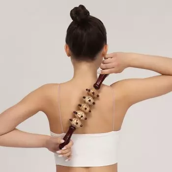 Массажёр «Скалка», универсальный, 36.55.8 см, 5 шаров с шипами, деревянный