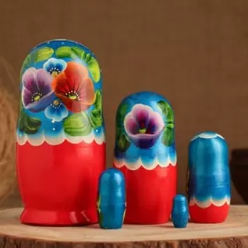 Матрешка "Цветы", 5 кукольная, сине-красная
