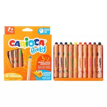 Мелки восковые 10 цветов, Carioca "Baby", 3 в 1, утолщенные корпус, грифель 10 мм, удобные для захвата, яркие цвета, точилка в подарок, для малышей