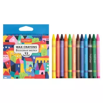 Мелки восковые 12 цветов Hatber Deep "Городок", диаметр 9 мм, круглый корпус, в картонной коробке с европодвесом