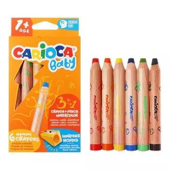 Мелки восковые 6 цветов, Carioca "Baby", 3 в 1, утолщенные корпус, грифель 10 мм, удобные для захвата, яркие цвета, точилка в подарок, для малышей