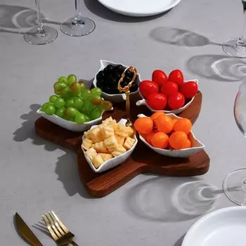 Менажница «Листья», 5 шт:150 мл, деревянное основание, фарфор, Иран