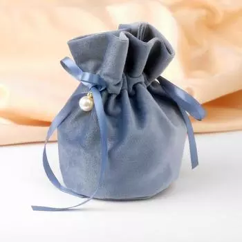 Мешочек бархатный с бусиной, 13*15см, цвет серо-синий