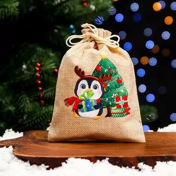 Мешок подарочный новогодний с термонаклейкой «Пингвин с подарками», 1318 см