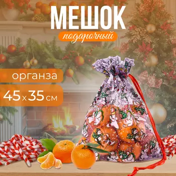 Мешок подарочный «Снеговики на лыжах», р. 45 35 см, органза