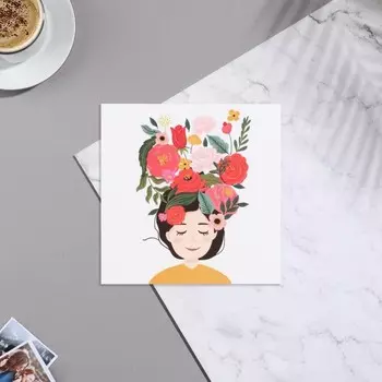 Мини-открытка "Универсальная" девушка, цветы, 7х7 см