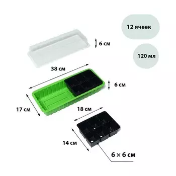 Мини-парник для рассады, 38 17 12 см, 2 вставки, 12 ячеек, Greengo
