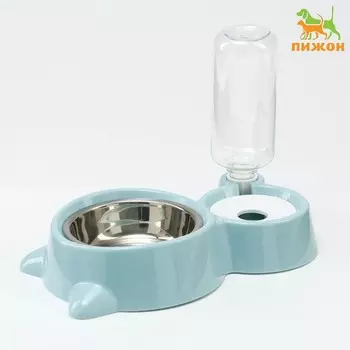 Миска двойная с автопоилкой (съёмная бутылка) 30 х 18 х 21 см, голубая