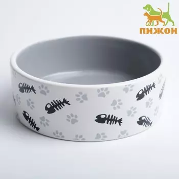 Миска для кошек керамическая Пижон «Рыбные косточки и лапки» 300 мл, 12.54.5 см, серая