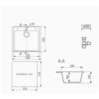 Мойка кухонная кварцевая Ulgran Quartz Forte 580, 580х500 мм, цвет 08 космос