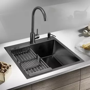 Мойка кухонная "РМС" MR-6050BL, врезная, толщина 3,0 и 1 мм, корзина, дозатор, графит