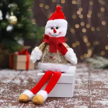 Мягкая игрушка "Снеговик в блестящей шубке - длинные ножки" 10х32 см, красно-золотой