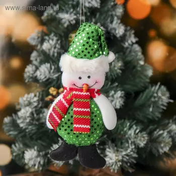 Мягкая подвеска "Снеговик в блёстках с шарфиком" 7,5*20 см, зелёный