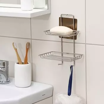 Мыльница 2-х ярусная на липучке Доляна, 2 крючка, 14.51021 см, хром