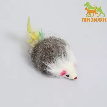 Мышь из натурального меха с хвостом из перьев, 5 см