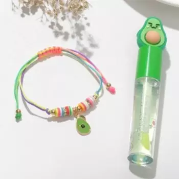 Набор 2 предмета: браслет, блеск для губ «Авокадо» с листочком, цветной