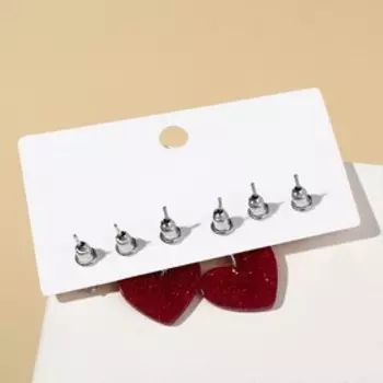 Серьги QF LOVE, набор 3 пары, сердечки, красные, серебро
