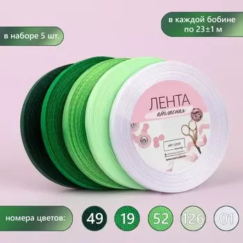 Набор атласных лент, 5 шт, размер 1 ленты: 6 мм 23 ± 1 м, цвет зелёный спектр