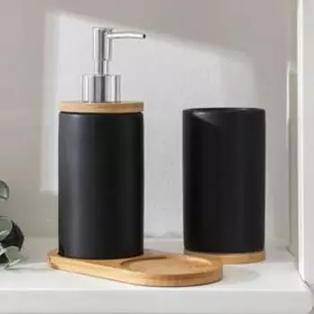 Набор аксессуаров для ванной комнаты SAVANNA «Натура», 2 предмета (дозатор 400 мл, стакан, на подставке), цвет чёрный